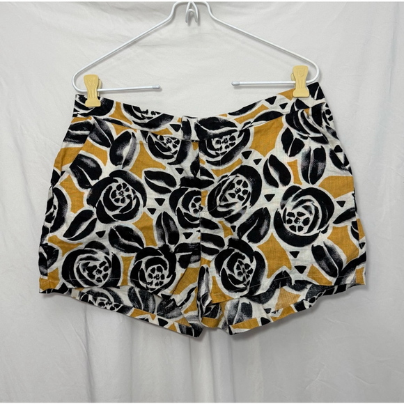 Women's Lucky Brand Shorts Size 6 Yellow Black Floral Print Linen Blend - Picture 1 of 8